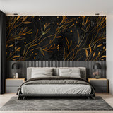Art deco floral pattern on hallway walls with gold accents