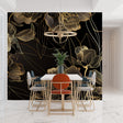 Black and gold art deco wallpaper bringing elegance to a modern dining room with crystal chandelier