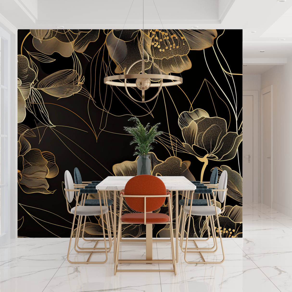Black and gold art deco wallpaper bringing elegance to a modern dining room with crystal chandelier