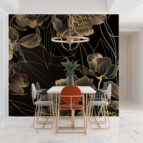 Black and gold art deco wallpaper bringing elegance to a modern dining room with crystal chandelier