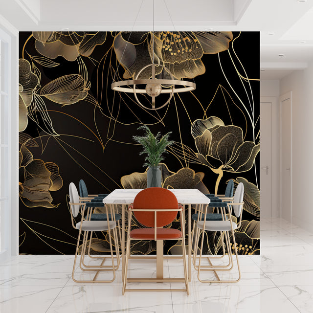 Black and gold art deco wallpaper bringing elegance to a modern dining room with crystal chandelier