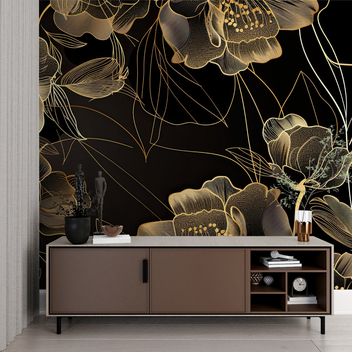 Luxury floral wallpaper making a statement in master bedroom with gold accents