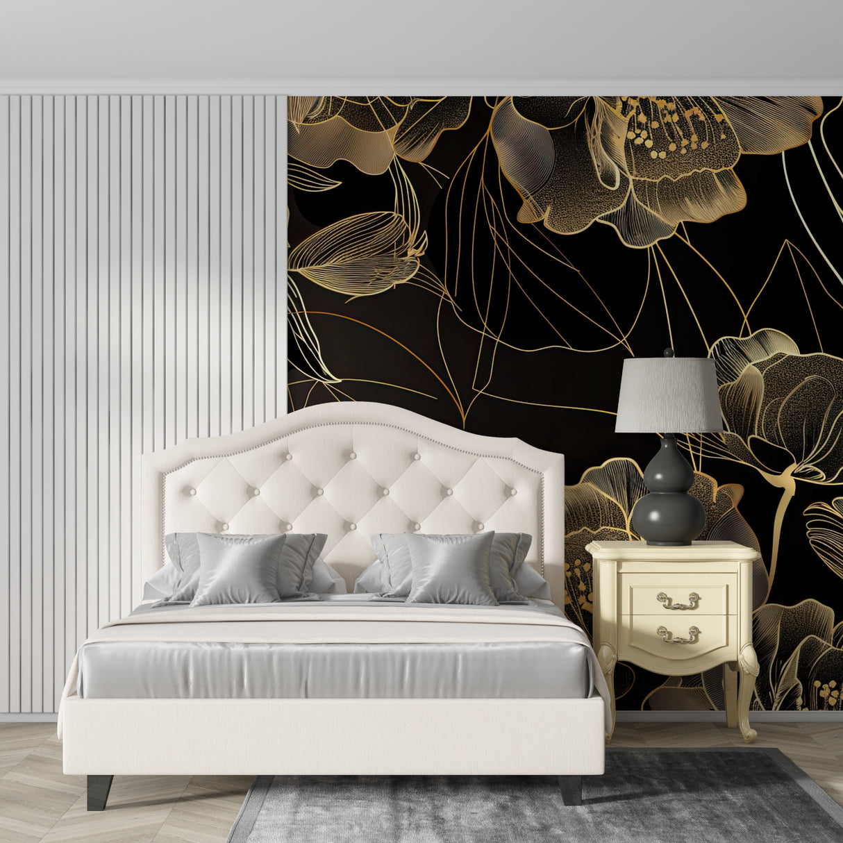 Art deco mural creating drama in boutique hotel lobby with modern furniture