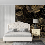Art deco mural creating drama in boutique hotel lobby with modern furniture