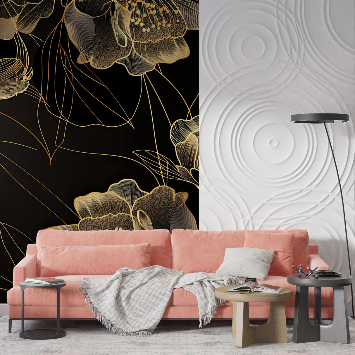 Black and gold floral wallpaper transforming home office into luxury workspace