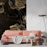 Black and gold floral wallpaper transforming home office into luxury workspace