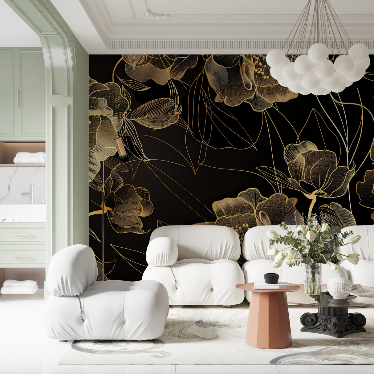 Art deco wallpaper adding sophistication to powder room with gold fixtures
