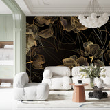 Art deco wallpaper adding sophistication to powder room with gold fixtures