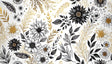 Black and gold floral wallpaper creating drama in a modern dining room with pendant lights and wooden furniture