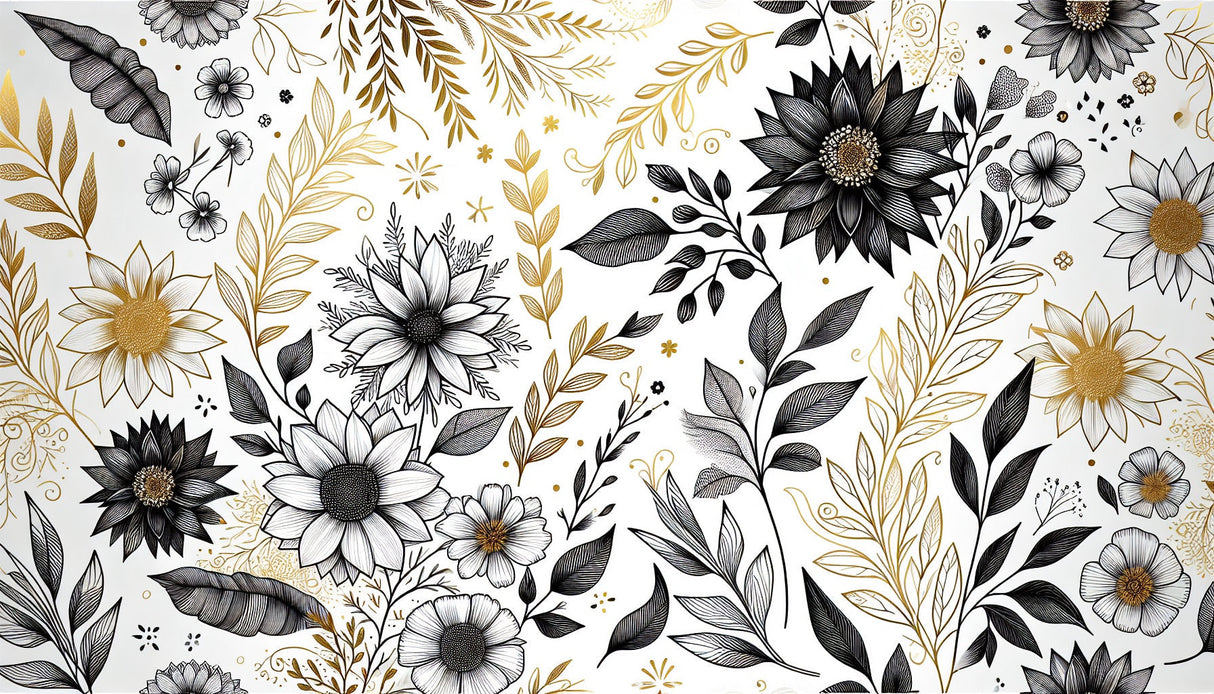 Black and gold floral wallpaper creating drama in a modern dining room with pendant lights and wooden furniture