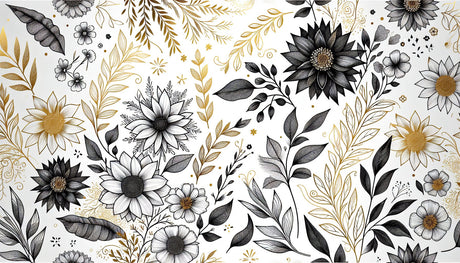 Black and gold floral wallpaper creating drama in a modern dining room with pendant lights and wooden furniture