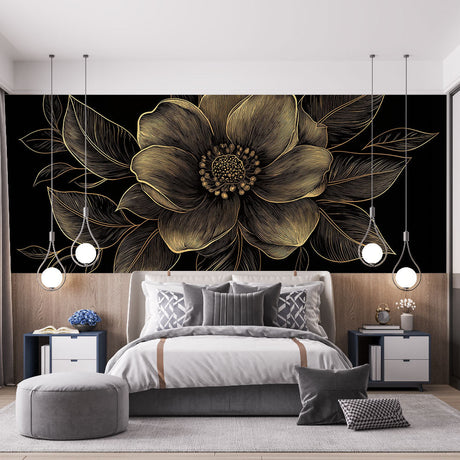 Black and gold floral wallpaper mural creating elegant focal point in modern dining room with soft lighting