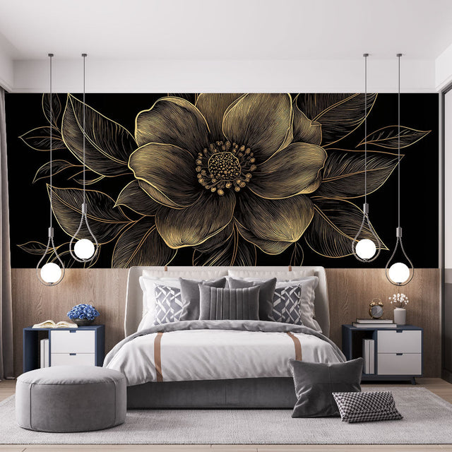 Black and gold floral wallpaper mural creating elegant focal point in modern dining room with soft lighting