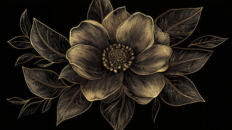 Black and gold botanical design file showing intricate flower pattern and metallic details