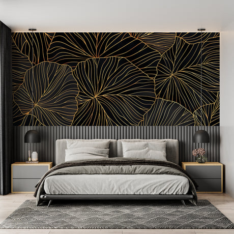 Black and gold leaf wallpaper in modern dining room with crystal chandelier