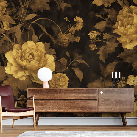 Black and gold peony wallpaper creating a luxurious atmosphere in an elegant dining room with modern furniture
