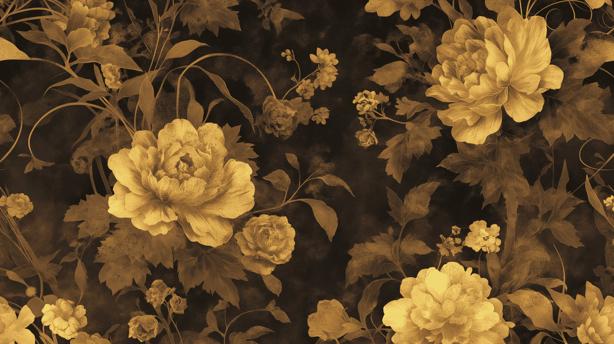 Black and gold peony wallpaper design file showing intricate floral pattern and metallic details