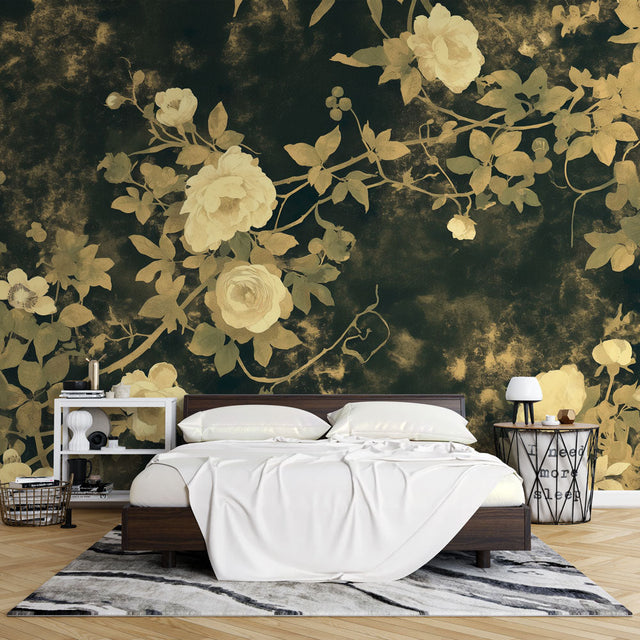 Black and gold rose wallpaper mural in modern dining room with crystal chandelier casting warm reflections on metallic details