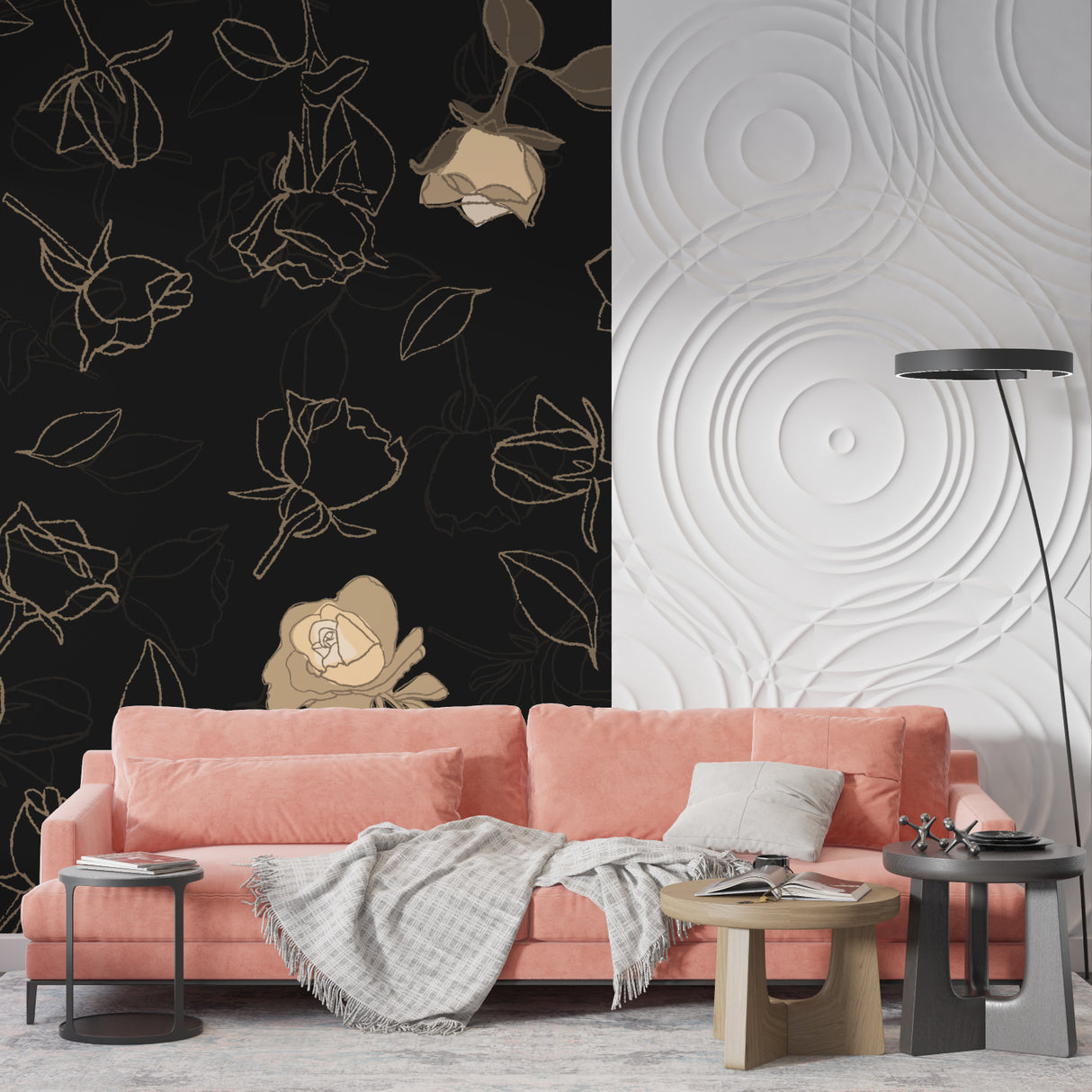 Luxury hotel lobby showcasing black and gold rose pattern wallpaper