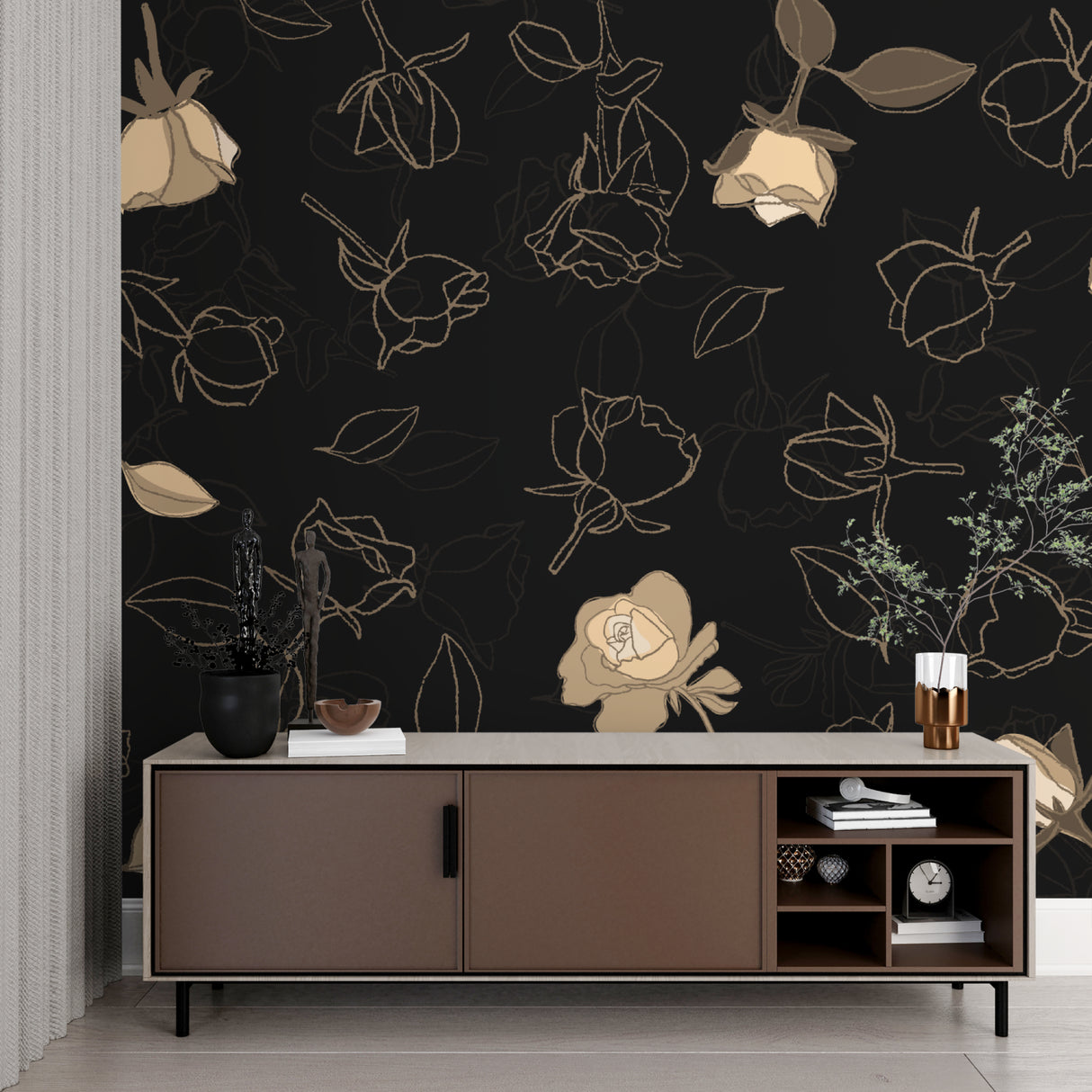 Restaurant interior with gold rose wallpaper creating intimate atmosphere