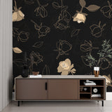 Restaurant interior with gold rose wallpaper creating intimate atmosphere