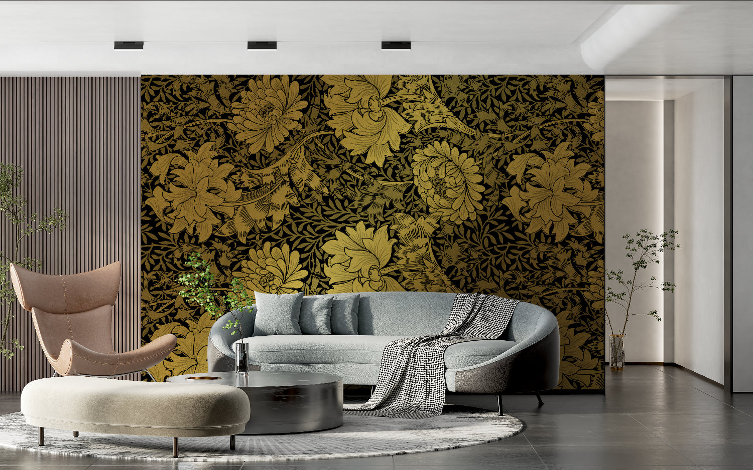 Black and gold floral wallpaper creating a luxurious atmosphere in a modern living room setting