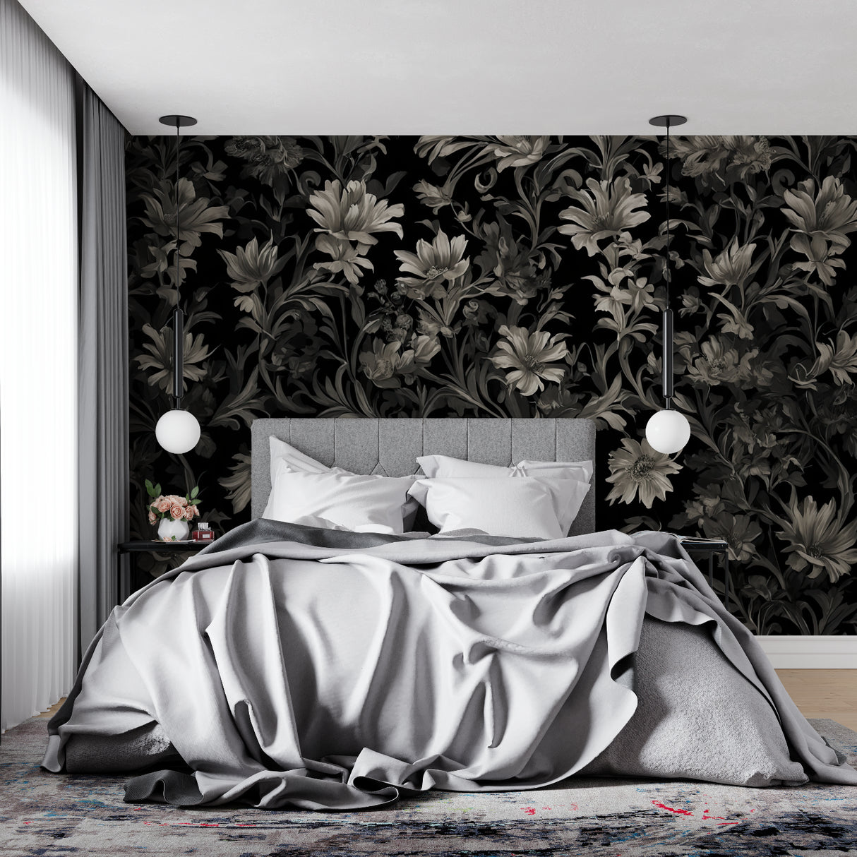 Elegant master bedroom featuring dark floral wall mural with crystal chandelier and plush bedding