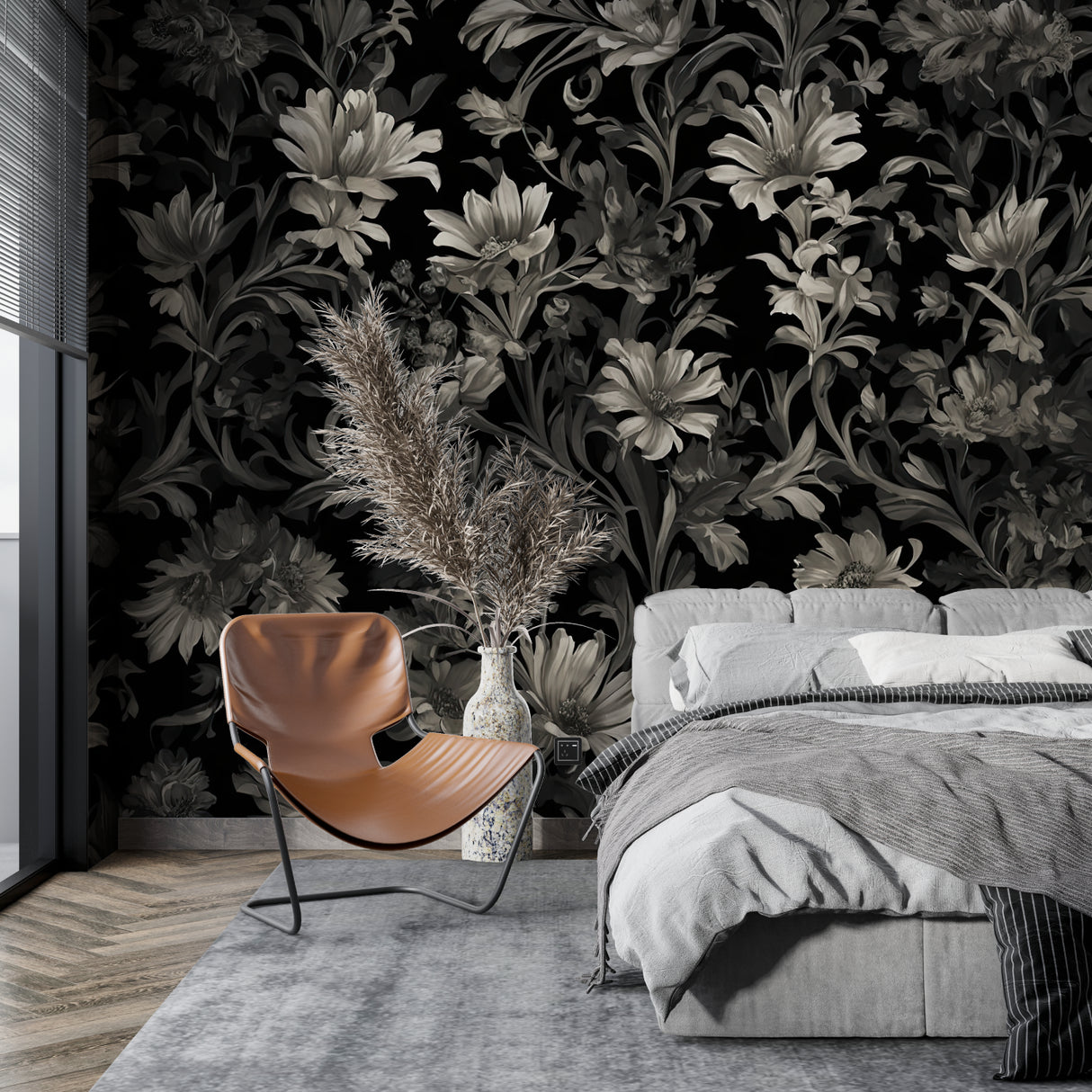 Baroque floral pattern adorning dining room walls, complemented by contemporary furniture