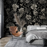 Baroque floral pattern adorning dining room walls, complemented by contemporary furniture