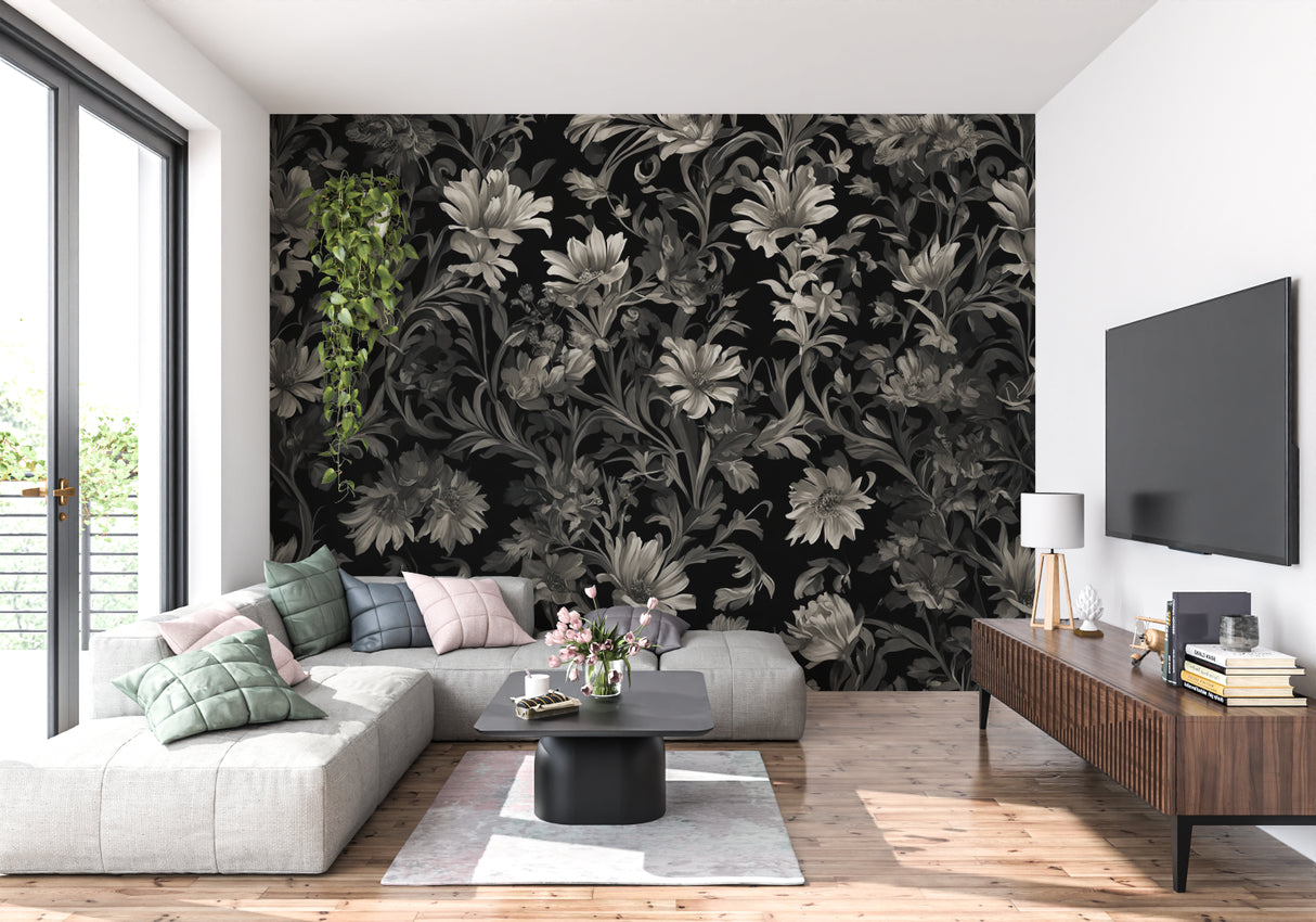 Home office space with black and grey floral wallpaper creating a sophisticated work environment