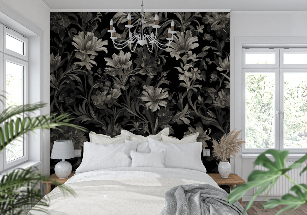 Moody hallway showcasing dramatic black floral wallpaper with modern lighting fixtures