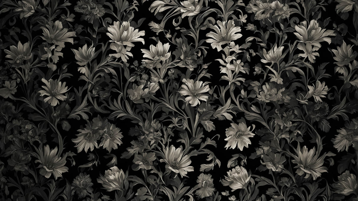 Black and grey baroque floral wallpaper design file showing intricate pattern details and full repeat