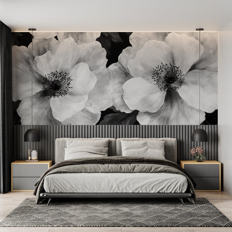 Black and white floral wallpaper mural styled in modern living room with minimalist furniture