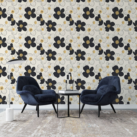 Black and gold floral wallpaper creating elegant atmosphere in modern living room with contemporary furniture