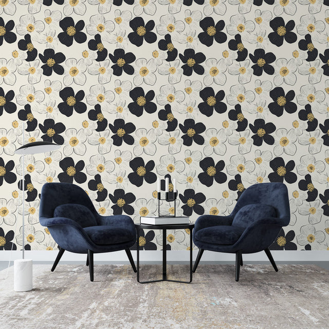Black and gold floral wallpaper creating elegant atmosphere in modern living room with contemporary furniture