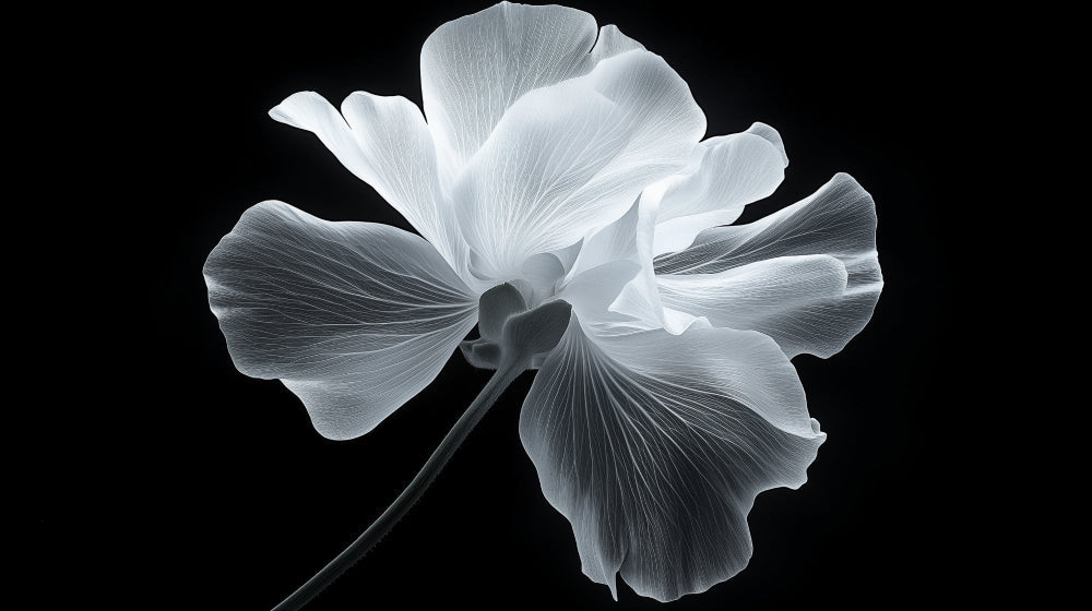 Black and white botanical wall mural design file showing detailed macro flower photography pattern