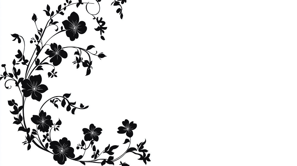Black and white botanical wallpaper design file showing detailed flower pattern and intricate stems