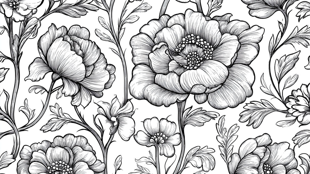 Black and white botanical line art wallpaper design file showing detailed peony pattern
