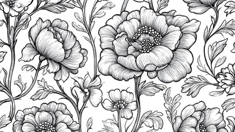 Black and white botanical line art wallpaper design file showing detailed peony pattern