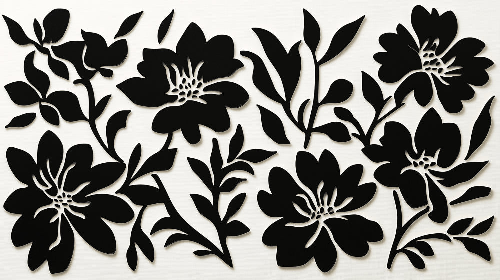 Black and white botanical pattern design file showing intricate flower details and shadows