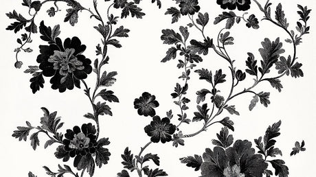 Black and white floral pattern design file showing detailed botanical illustration with precise line work