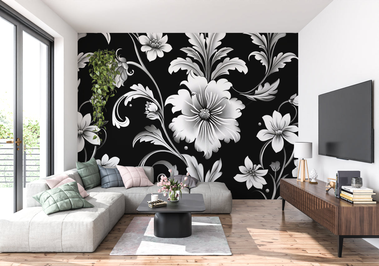 Black and white floral wallpaper in modern living room setting with minimal furniture