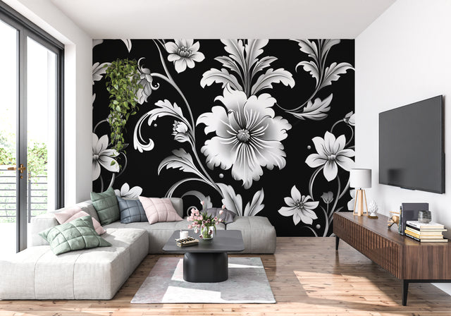 Black and white floral wallpaper in modern living room setting with minimal furniture