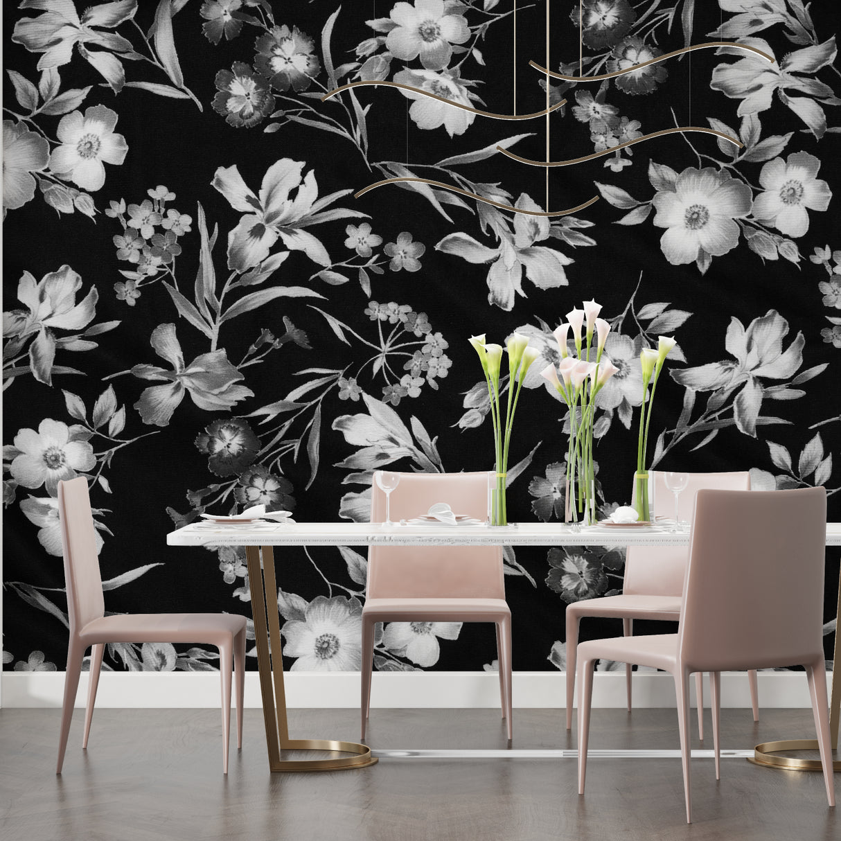 Botanical wall mural in dining room setting with elegant table and pendant lighting
