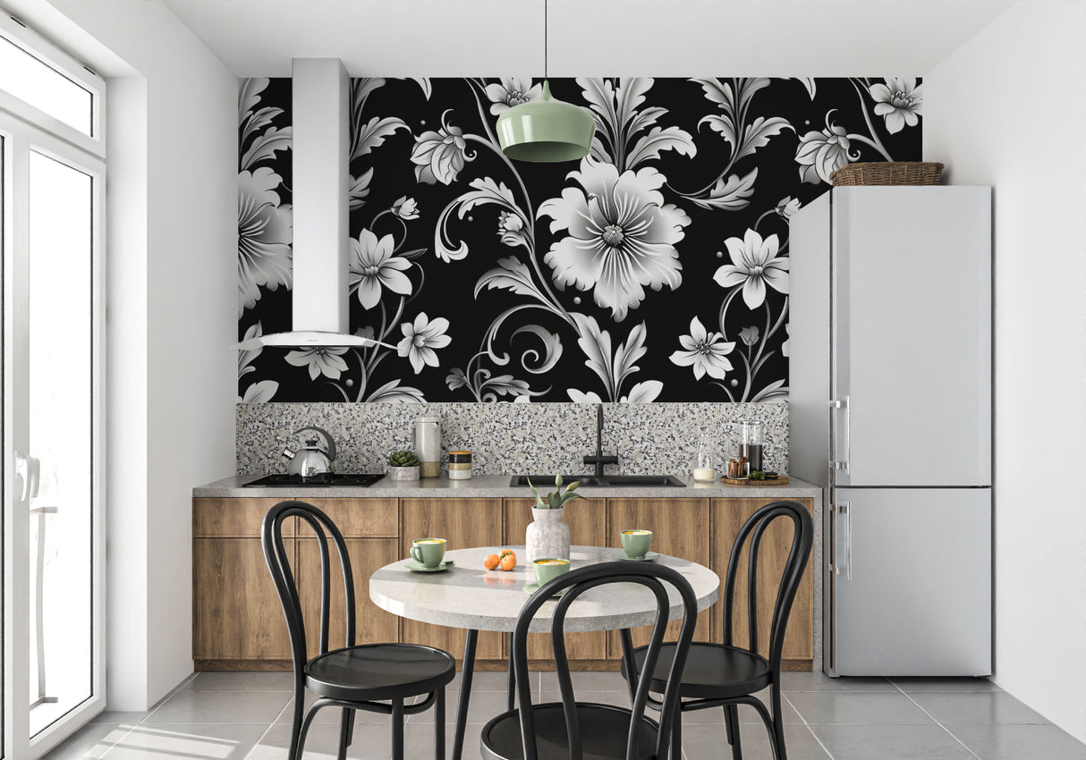 Monochrome floral pattern accent wall in stylish dining room