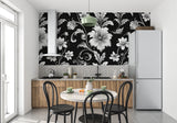 Monochrome floral pattern accent wall in stylish dining room