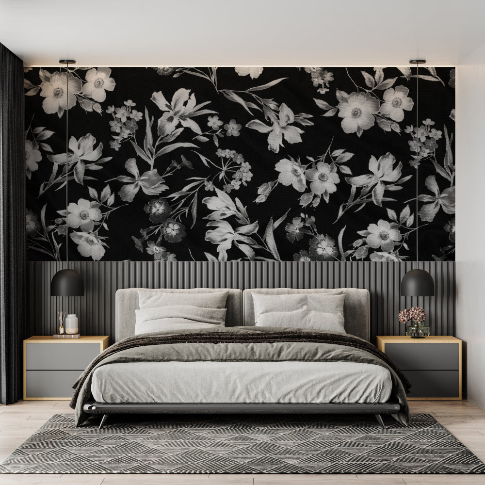 Black floral pattern wallpaper creating stunning accent wall in master bedroom