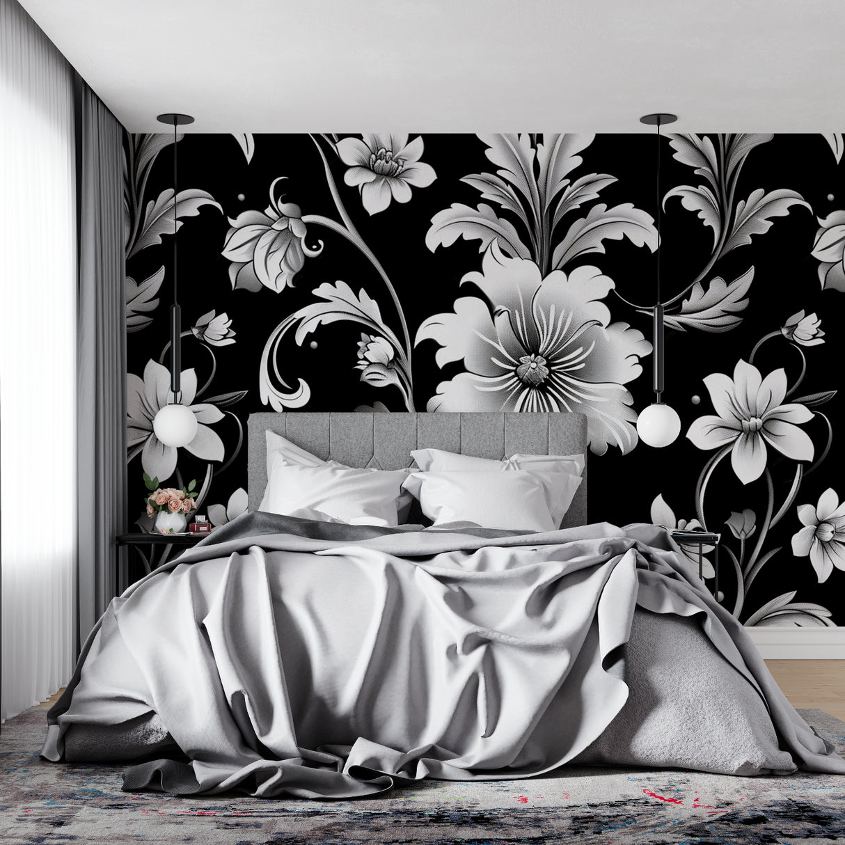 Black and white botanical wallpaper in home office setting