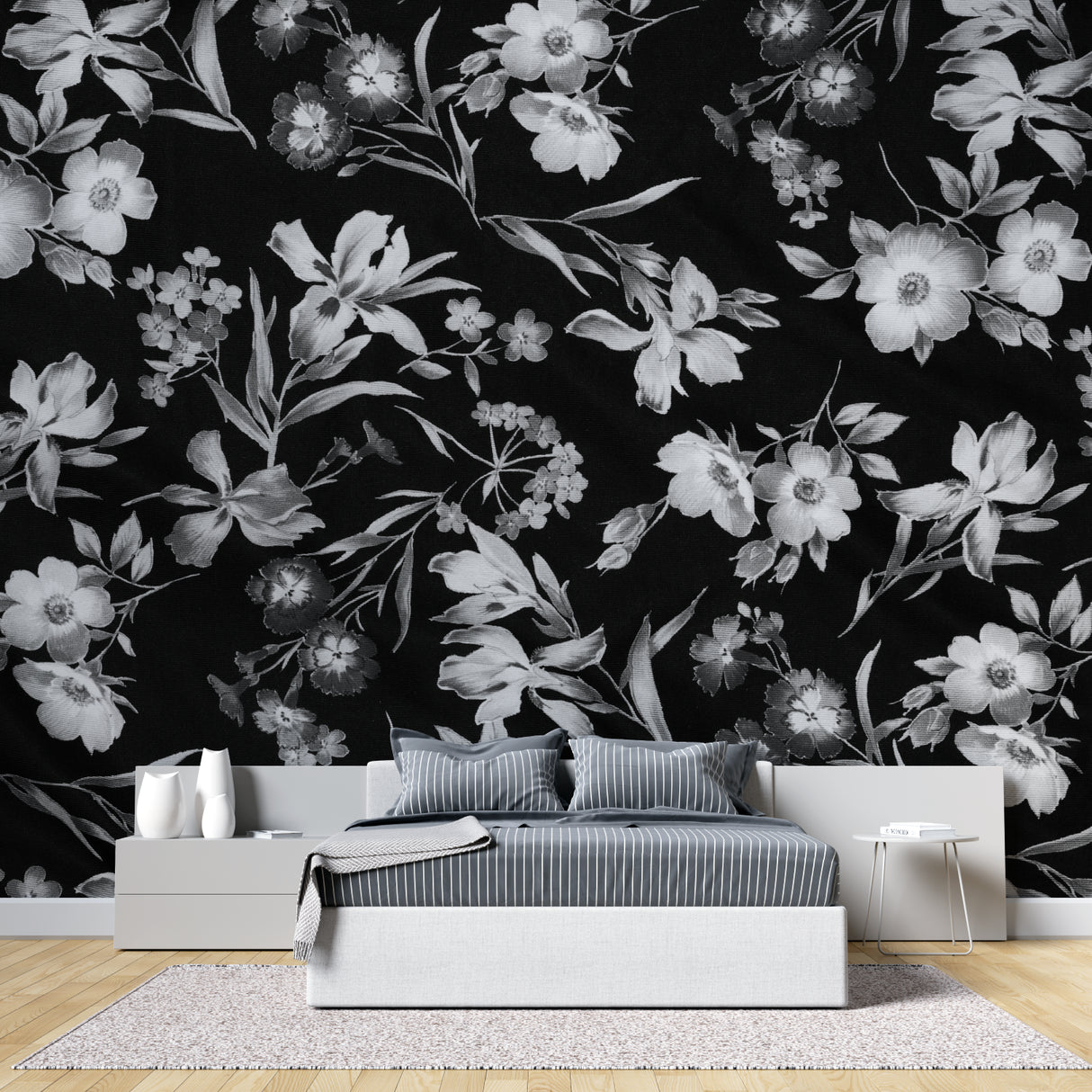 Monochrome flower mural in home office with minimalist desk setup