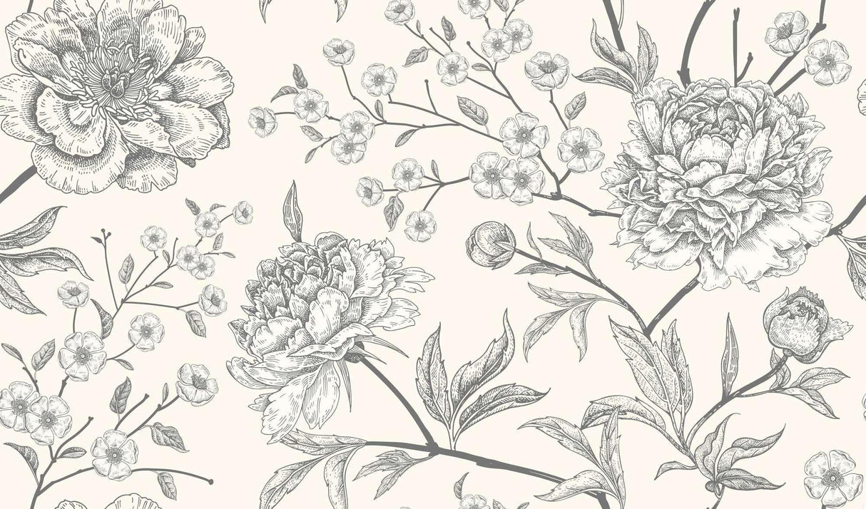 Black and white botanical sketch design file showing detailed peony and cherry blossom pattern